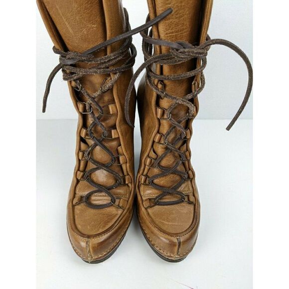 Buttero Tan Leather Lace Up Heeled Boots Size 36 - Picture 6 of 10